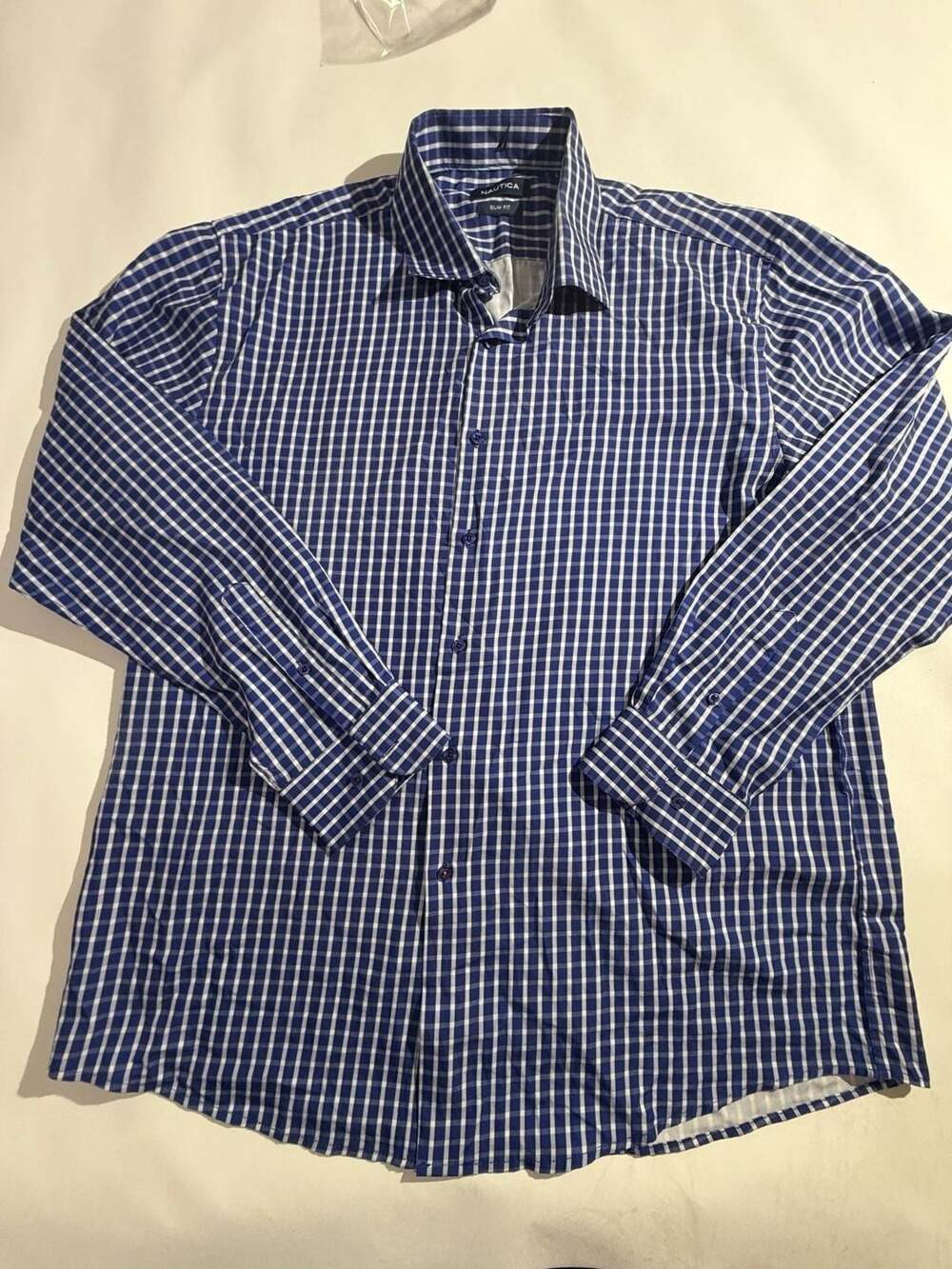 Nautica Mens XL Slim Fit Blue White Check Button Down Dress Shirt